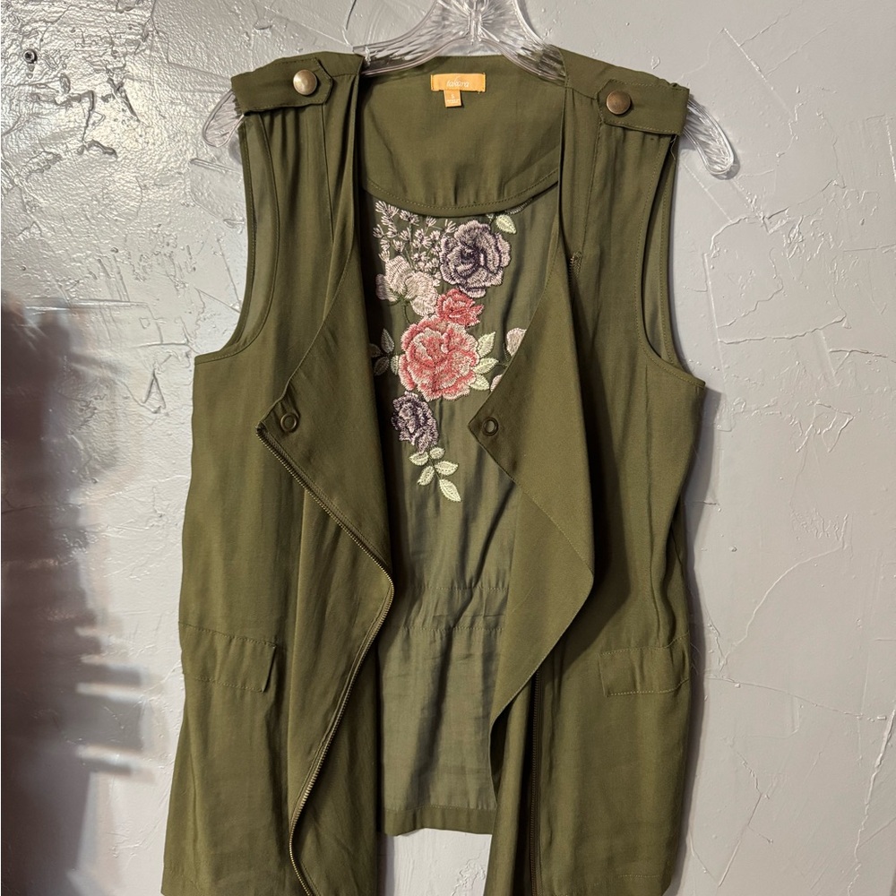 Olive Green Sleeveless Vest with Floral Embroidery